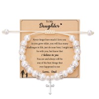 Jeka Daughter Gifts, Daughter Gifts from Dad, Father Daughter Gifts, Faith Graduation Religious Christian Birthday Jewelry Gifts for Daughter Teen Little Girls from Daddy, Cross Pearl Daughter Bracelets from Dad---MY-101 Daughter Father B